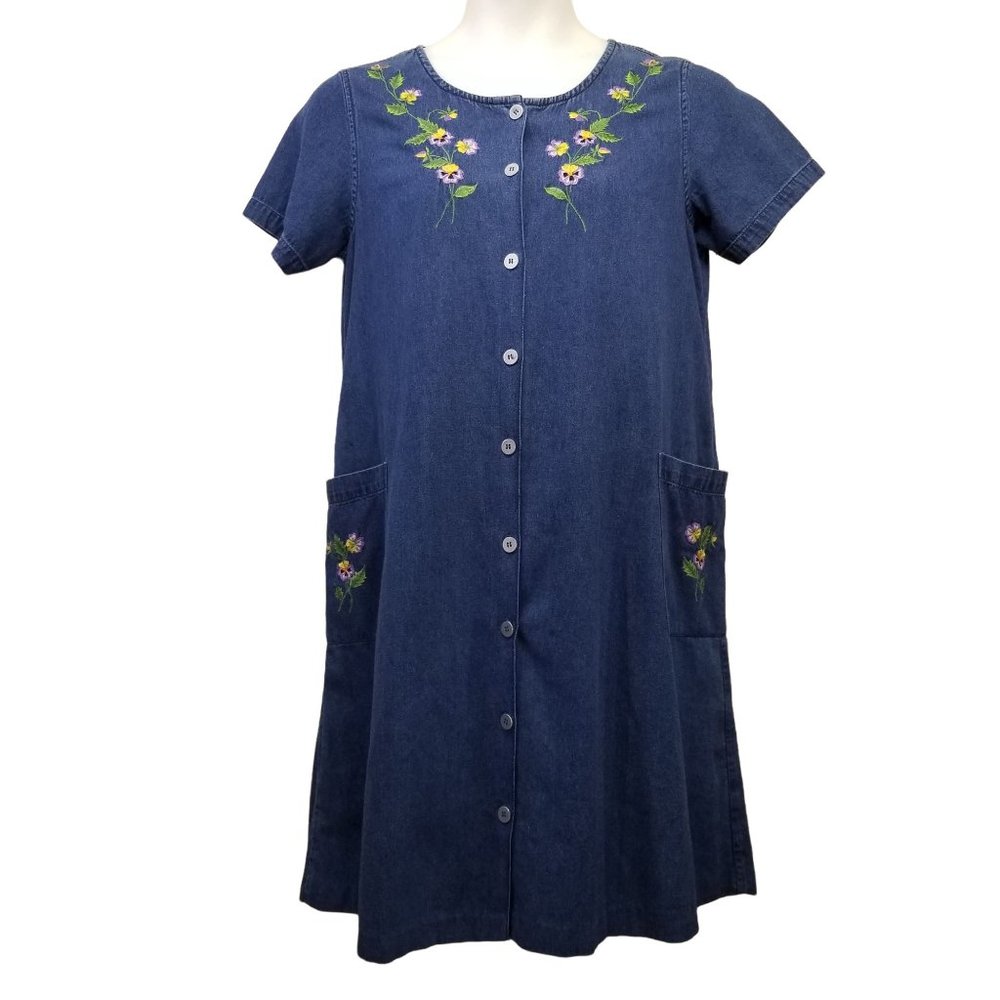 La Cera M Denim Blue‎ Jean House Dress Modest Floral Embroidery Cottage Whimsi